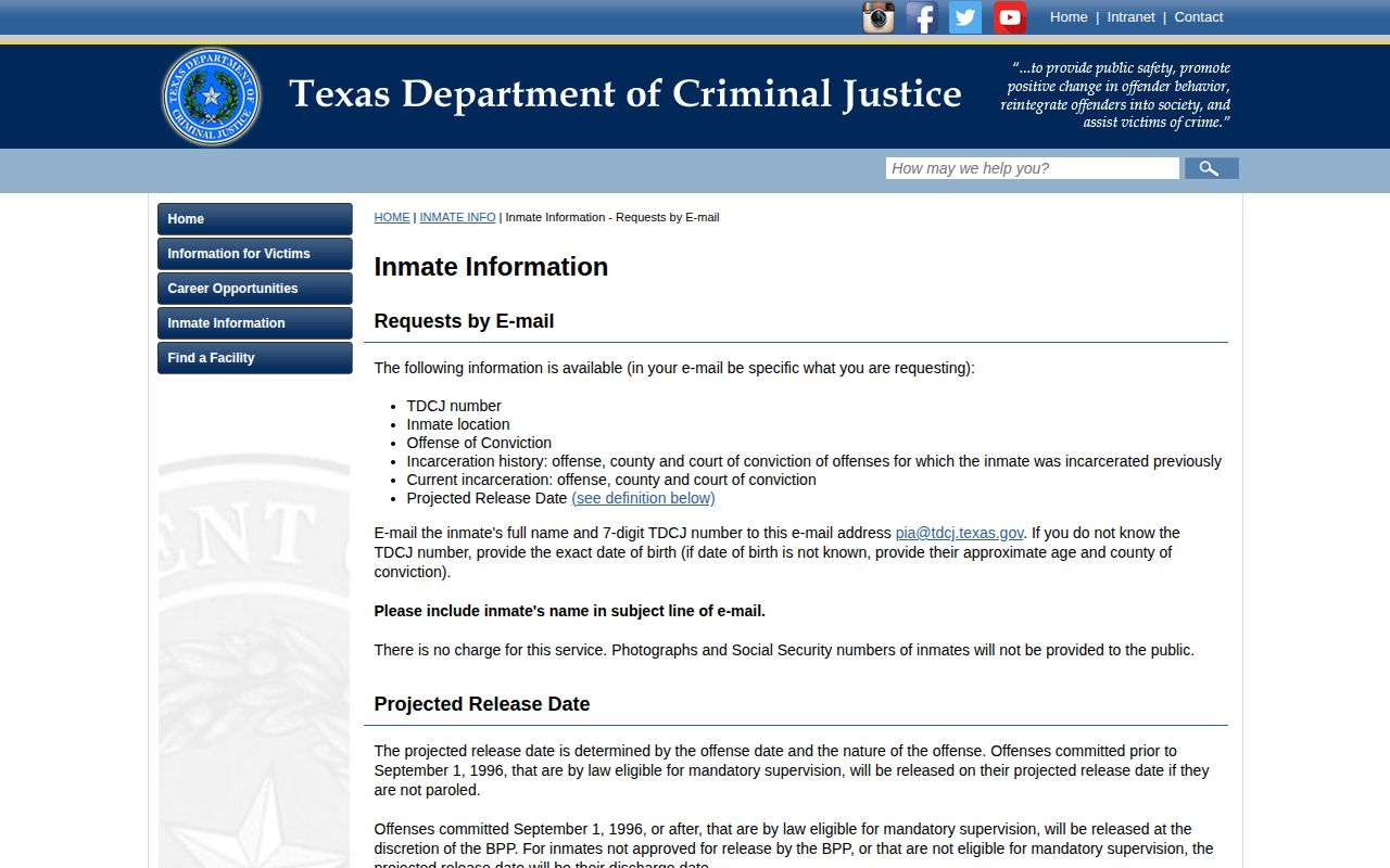 TDCJ Starr County projected release history request